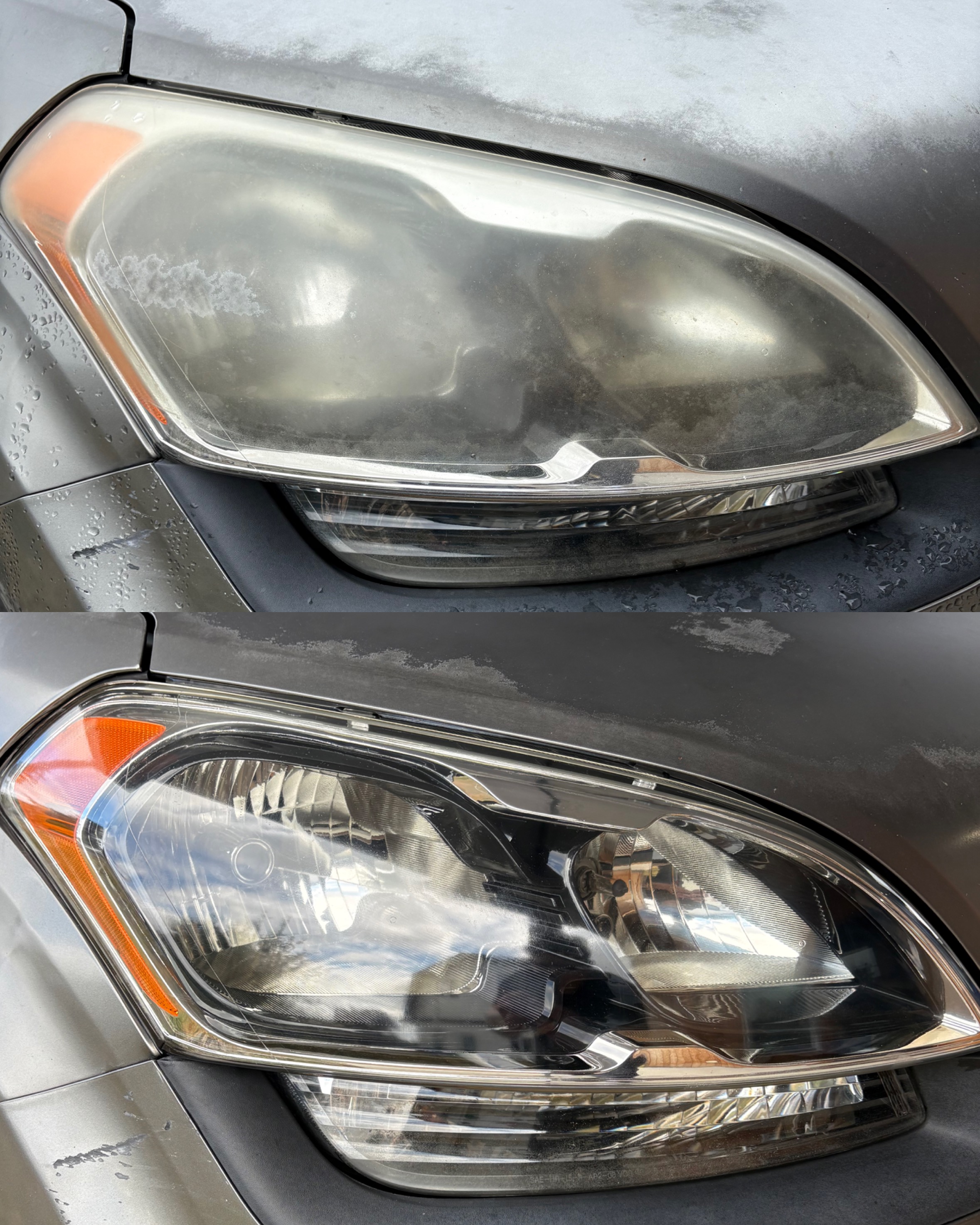 Before and after of a mobile headlight restoration in Vancouver WA — yellowed, oxidized lens restored to a clear finish